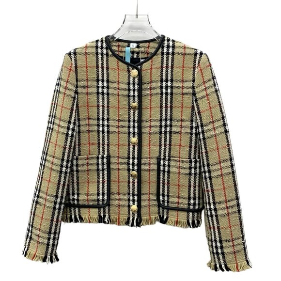 Burberry Plaid Tweed Jacket With Fringe Hem & Gold Buttons Womens Size S - Picture 1 of 8